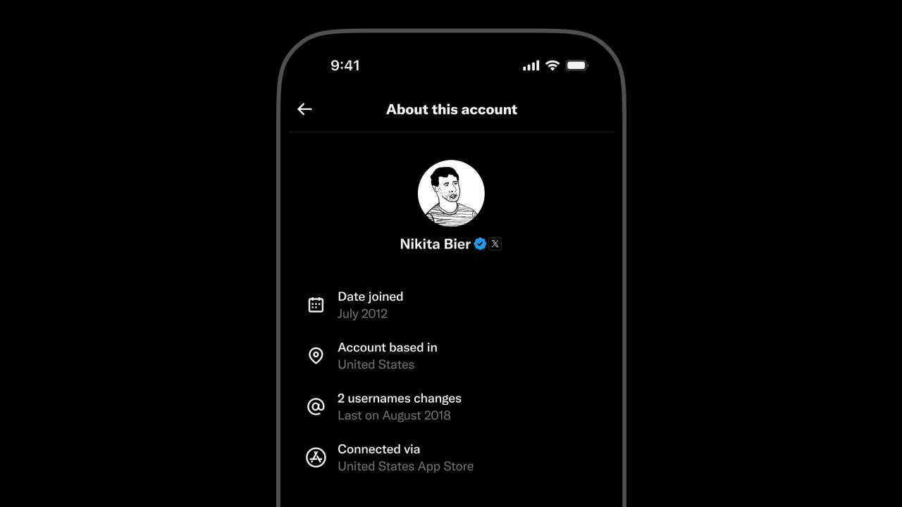 Xの「このアカウントについて」機能をアプリで表示した例